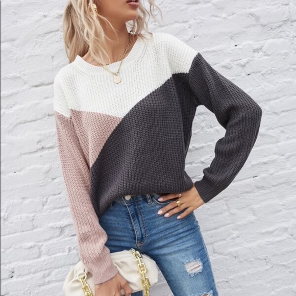 Pink gray color block knit sweater top - Picture 2 of 7